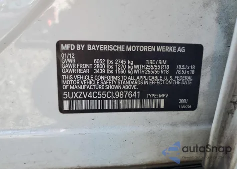 2012 BMW X5 xDrive35I z USA, uszkodzony, nr VIN 5UXZV4C55CL987641